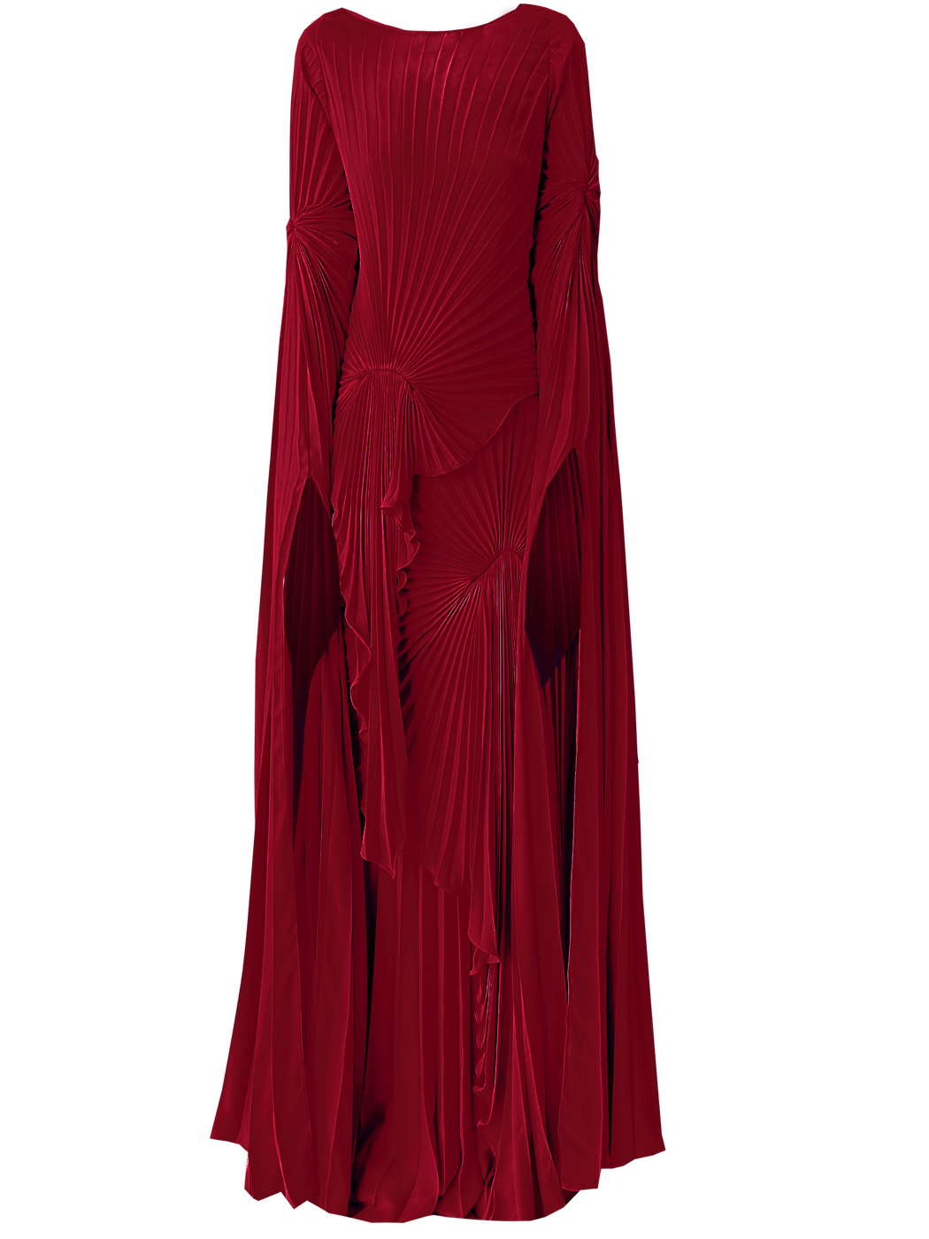 Floor-length merlot dress pleated in a flowing, layered waterfall style with Sunray pleats, featuring wide, floor-length sleeves and a high neckline.