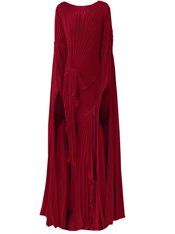 Floor-length merlot dress pleated in a flowing, layered waterfall style with Sunray pleats, featuring wide, floor-length sleeves and a high neckline.