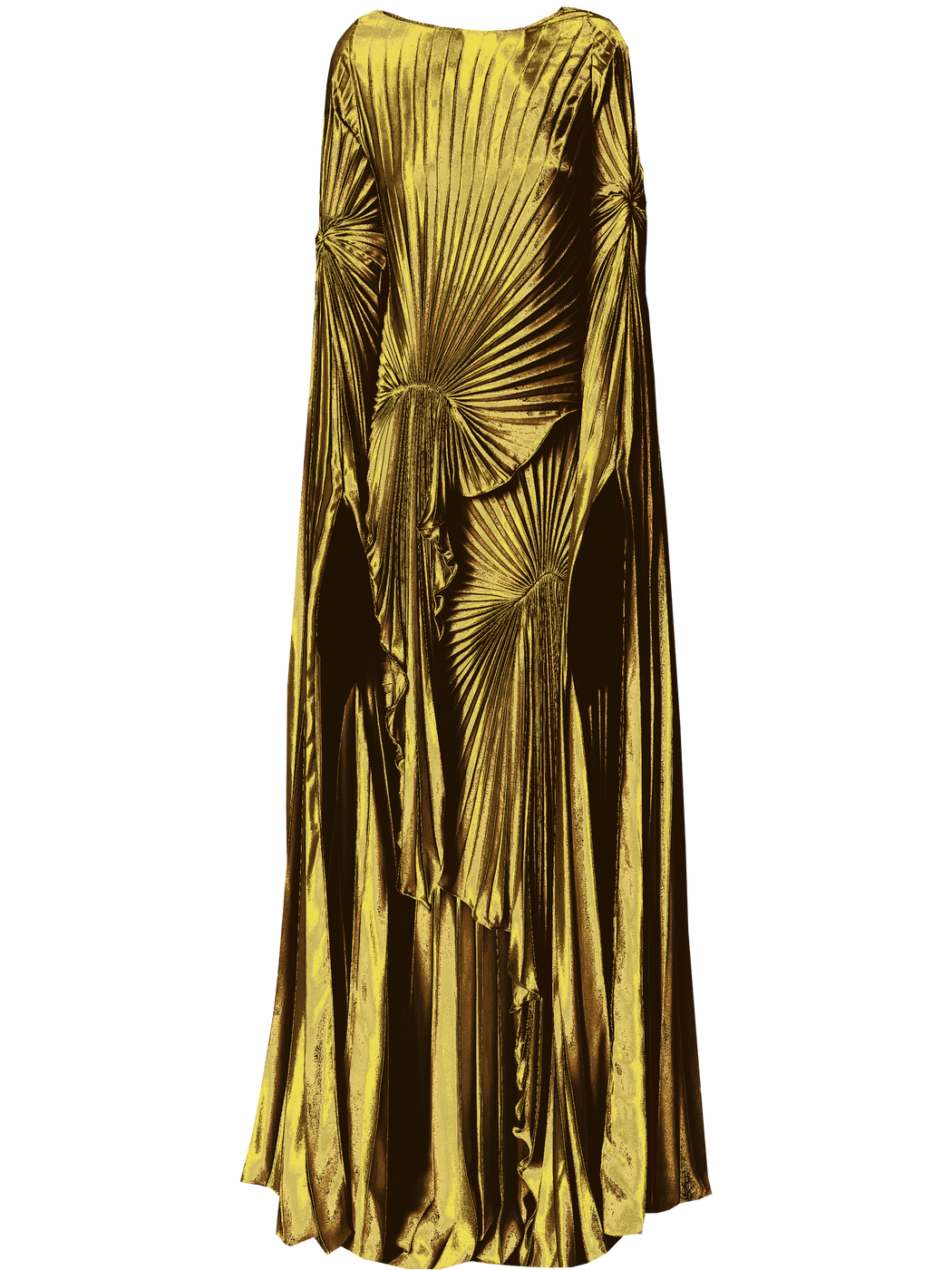 Gold liquid metallic floor-length dress pleated in a flowing waterfall design with long sleeves