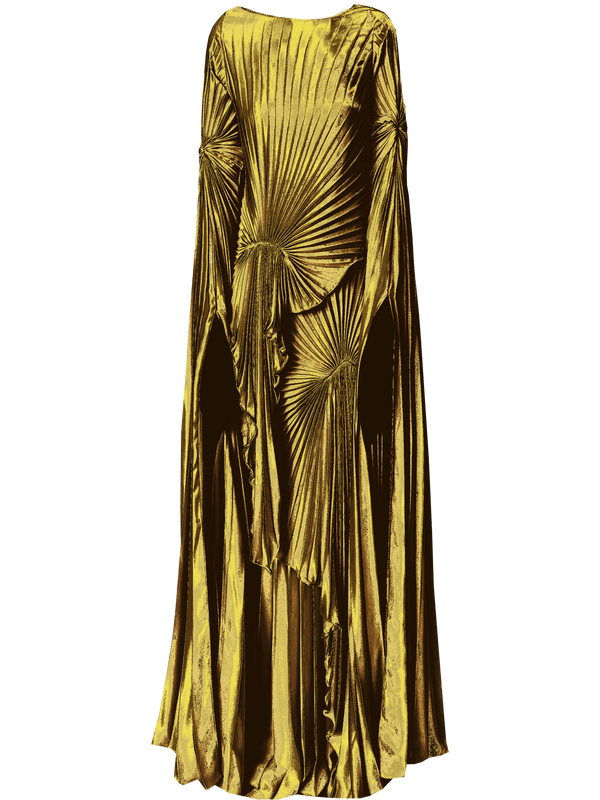 Gold liquid metallic floor-length dress pleated in a flowing waterfall design with long sleeves