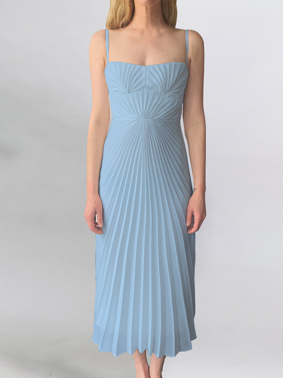Georgia Hardinge Blue Empire Dress bow back pleated midi strappy wedding guest tie bustier