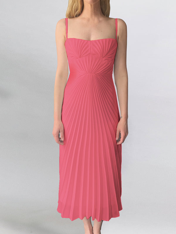 Georgia Hardinge Pink Empire Dress bow back pleated midi strappy wedding guest tie bustier