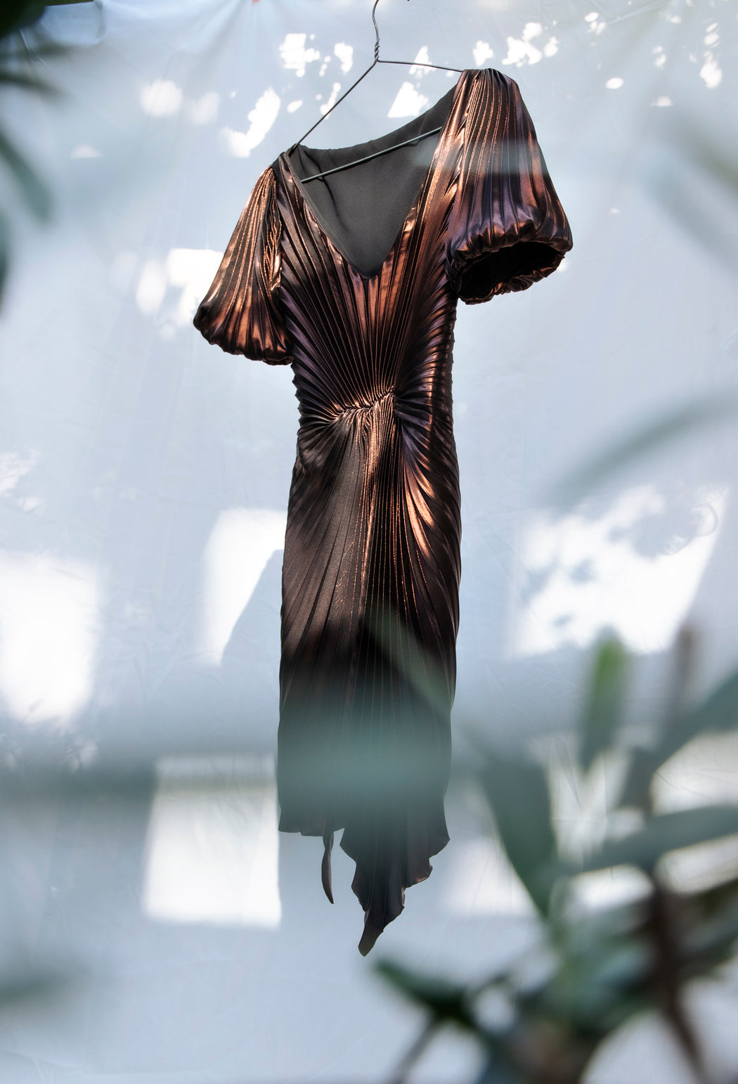Georgia Hardinge metallic mini dress asymmetric v-neck puff sleeve pleated gathered party