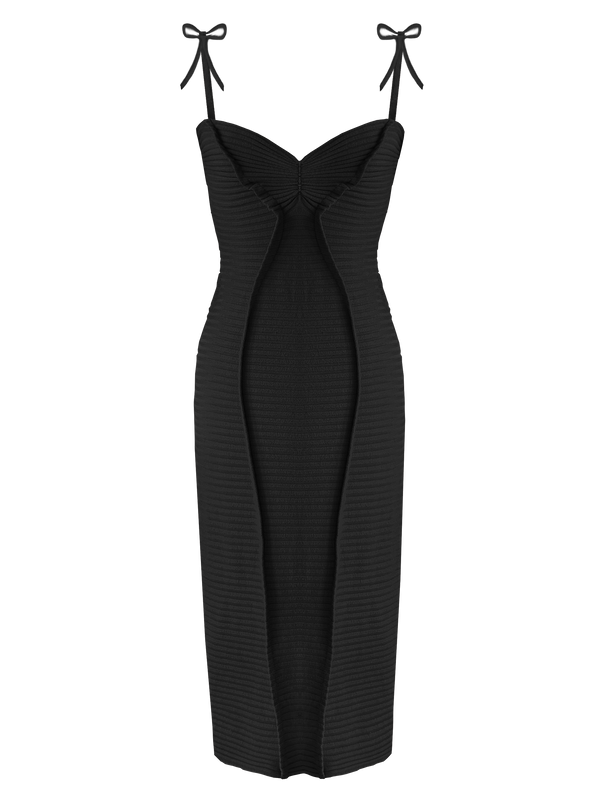 Georgia Hardinge Gaia Dress Black midi bodycon fitted tie bow strappy viscose jersey rib