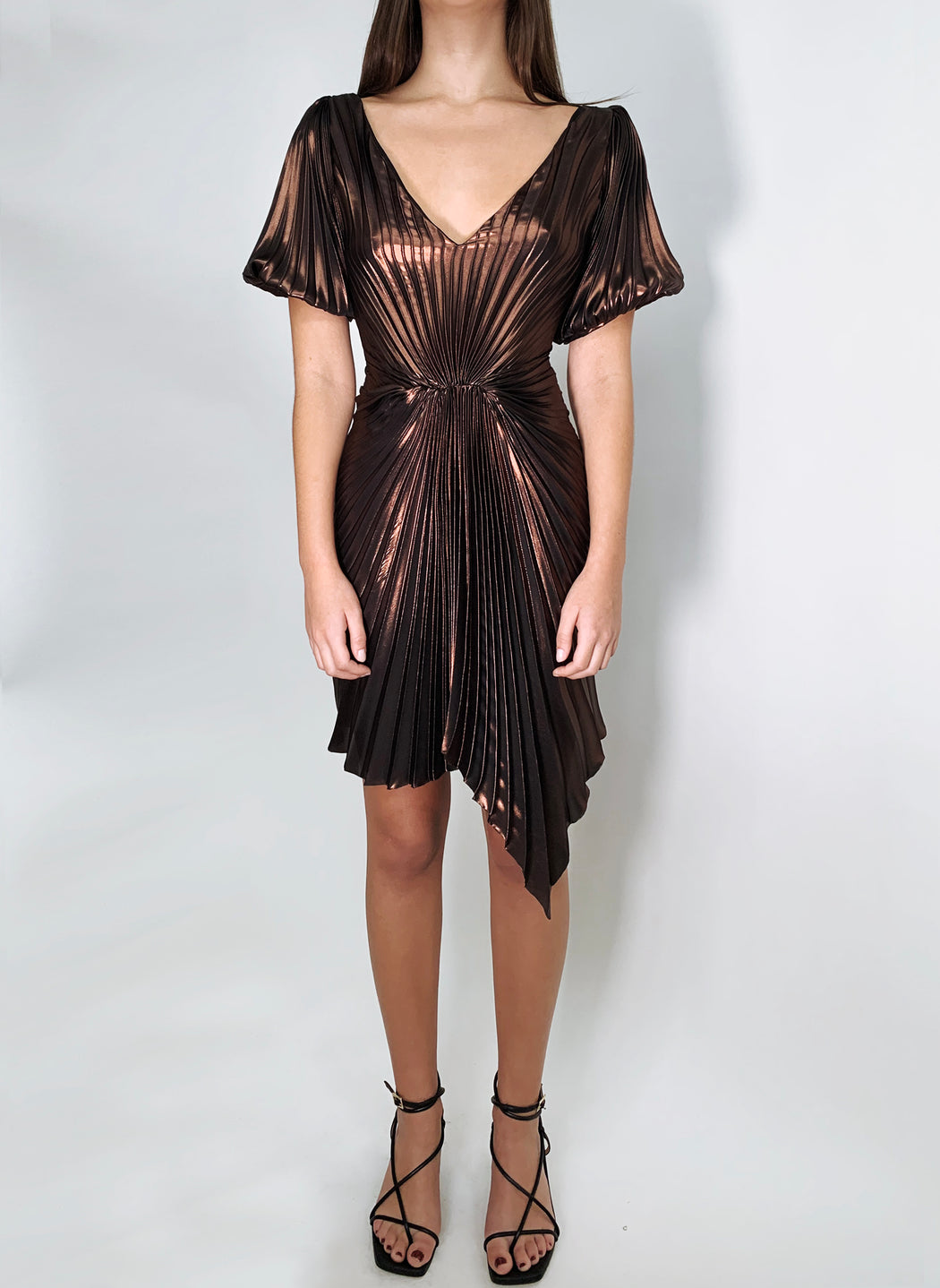 Georgia Hardinge metallic mini dress asymmetric v-neck puff sleeve pleated gathered party