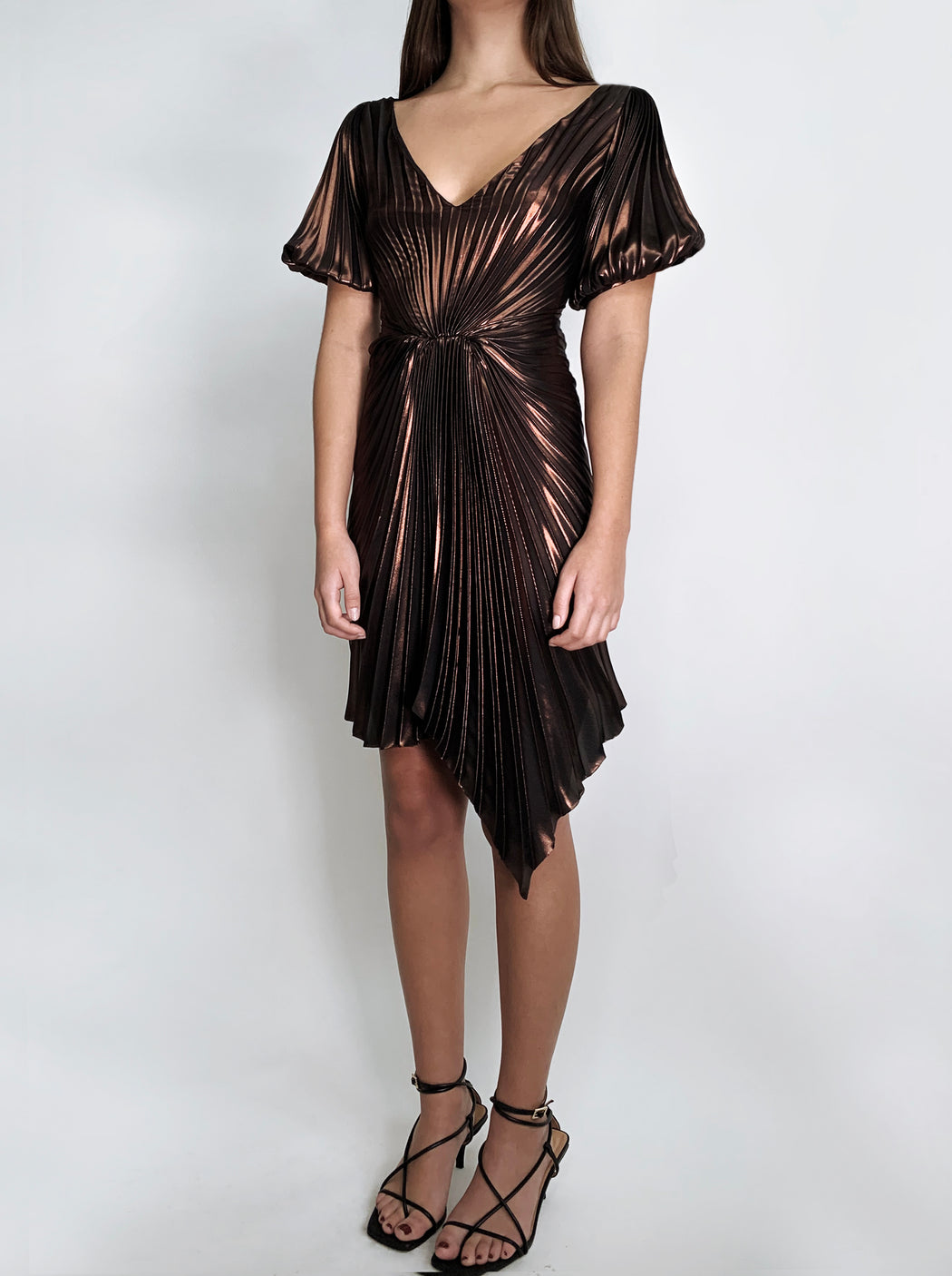 Georgia Hardinge metallic mini dress asymmetric v-neck puff sleeve pleated gathered party