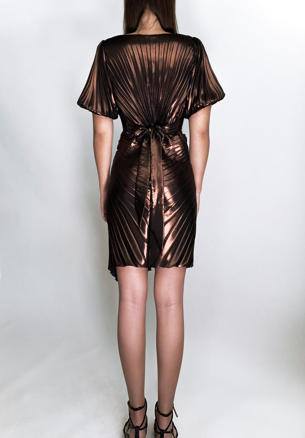 Georgia Hardinge metallic mini dress asymmetric v-neck puff sleeve pleated gathered party