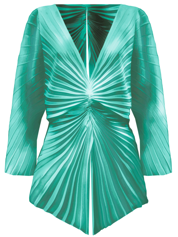 Georgia Hardinge pleated top long sleeves illusion mint green satin plunge neck