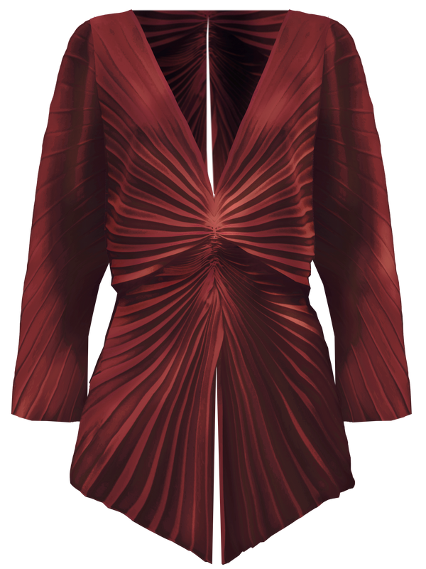 Georgia Hardinge rust pleated top long sleeves satin batwing plunge neckline