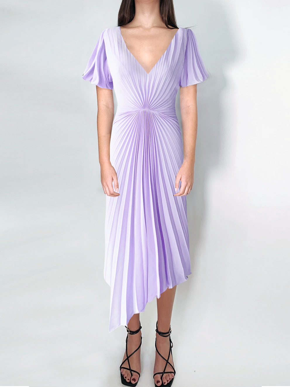 Georgia Hardinge Lilac Luna Dress midi length flutter sleeve pleated gathered v-neck wedding guest tie up bow asymmetric purple
