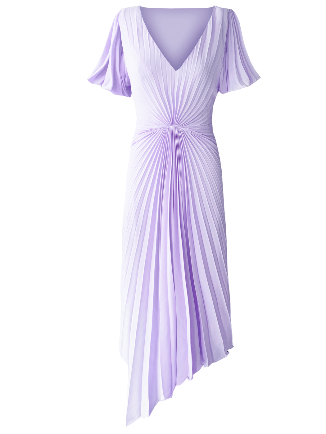 Georgia Hardinge Lilac Luna Dress midi length flutter sleeve pleated gathered v-neck wedding guest tie up bow asymmetric purple bridesmaid