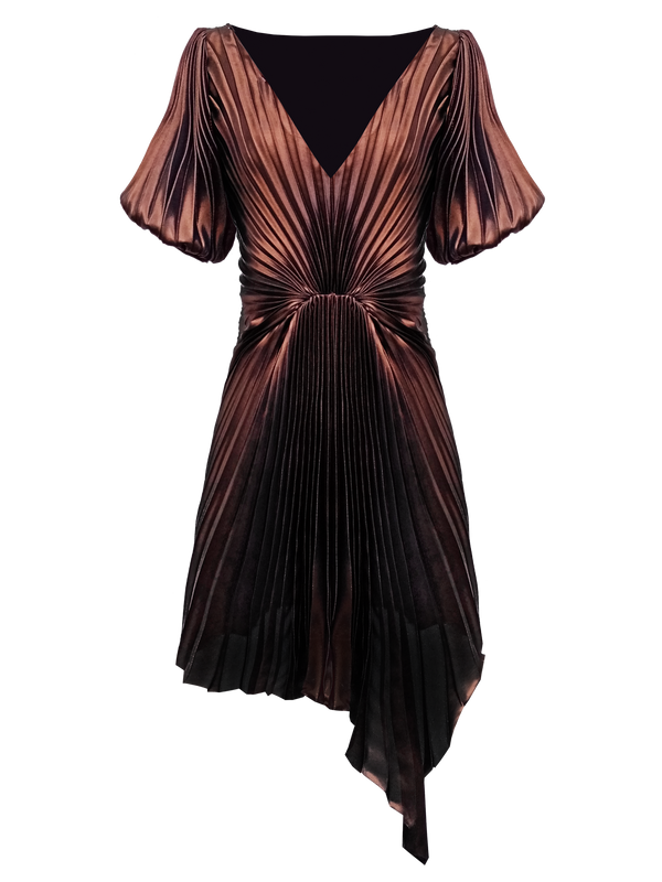 Georgia Hardinge metallic mini dress asymmetric v-neck puff sleeve pleated gathered party