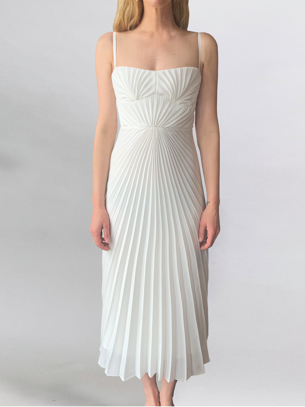 Georgia Hardinge Ivory Empire Dress bow back pleated midi strappy wedding guest tie bustier