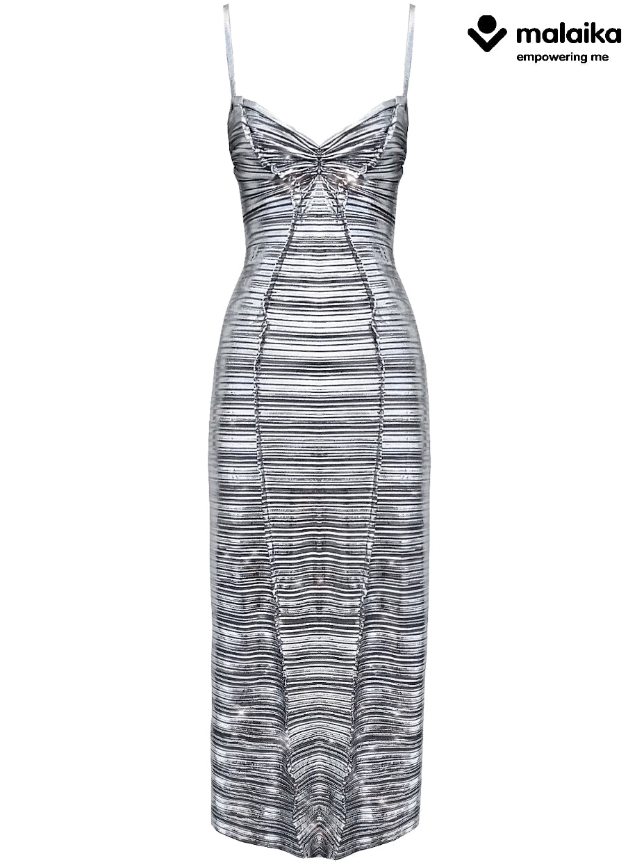 Georgia Hardinge silver pleated dress mila illlusion plisse metallic jersey party wedding guest event occasionwear Malaika charity