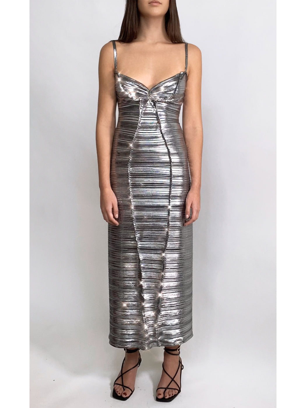 Georgia Hardinge silver pleated dress mila illlusion plisse metallic jersey party wedding guest event occasionwear Malaika charity