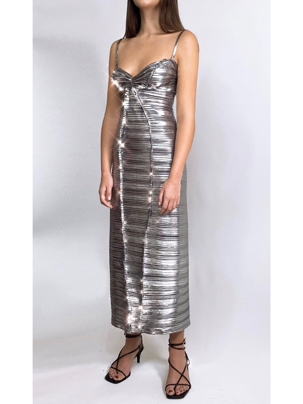 Georgia Hardinge silver pleated dress mila illlusion plisse metallic jersey party wedding guest event occasionwear Malaika charity