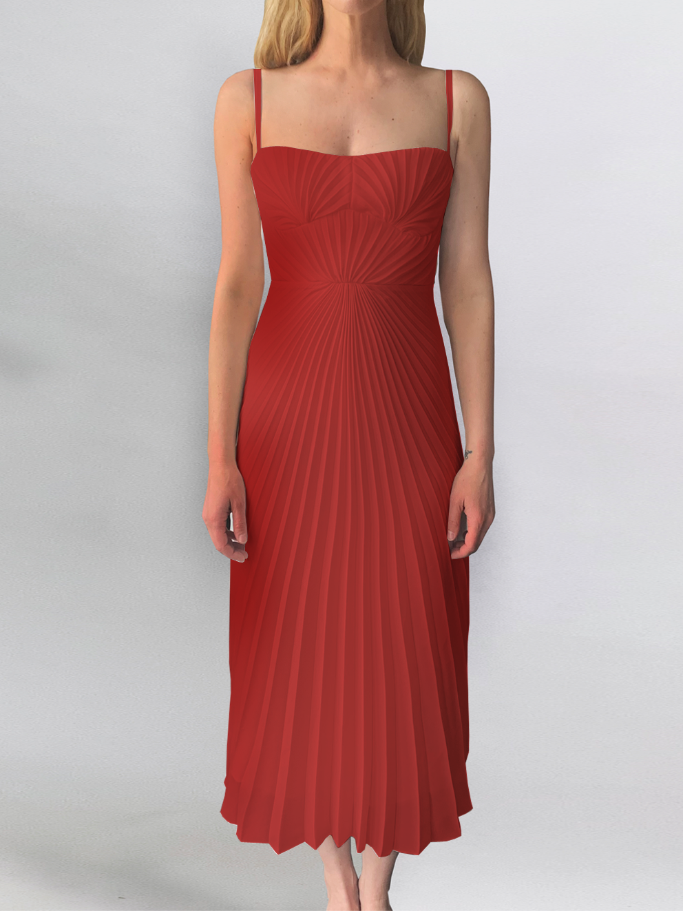 Georgia Hardinge Red Empire Dress bow back pleated midi strappy wedding guest tie bustier