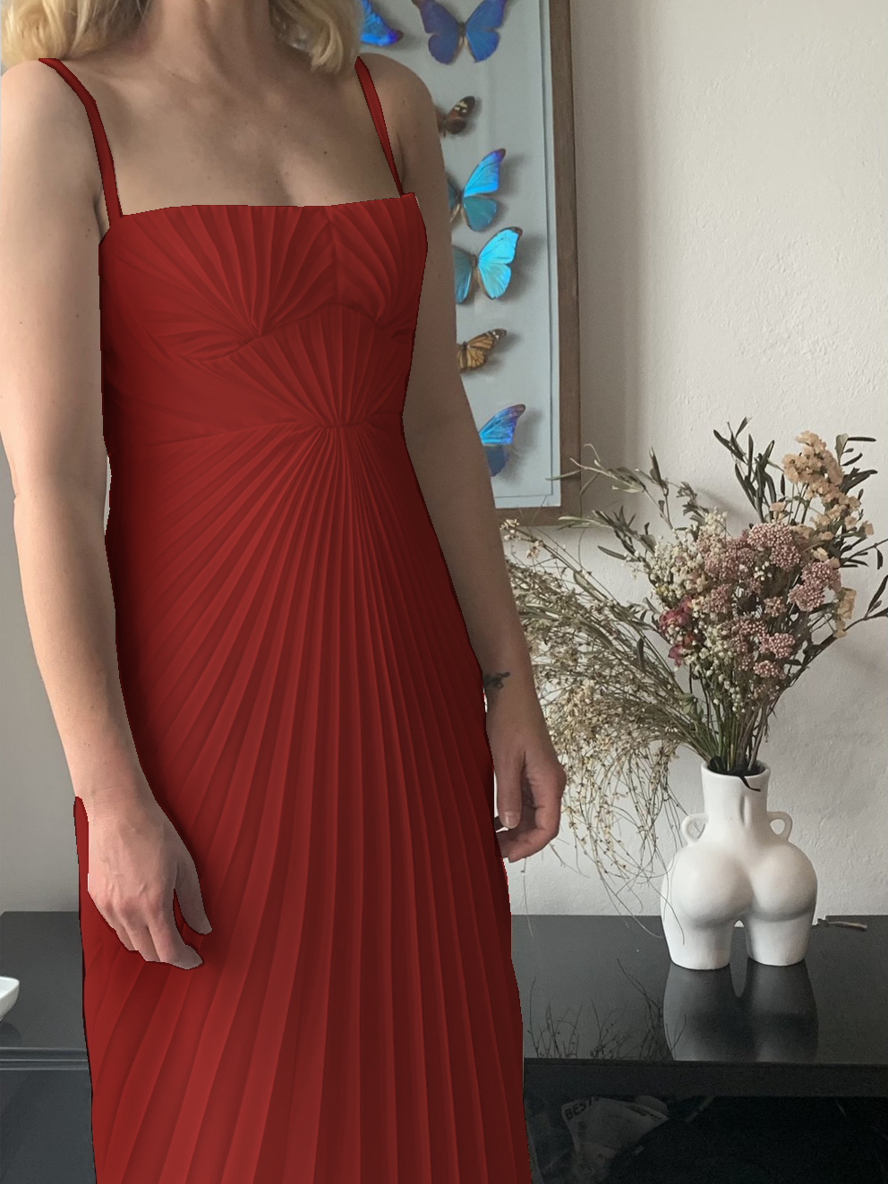 Georgia Hardinge Red Empire Dress bow back pleated midi strappy wedding guest tie bustier