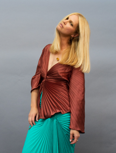 Georgia Hardinge rust pleated top long sleeves satin batwing plunge neckline