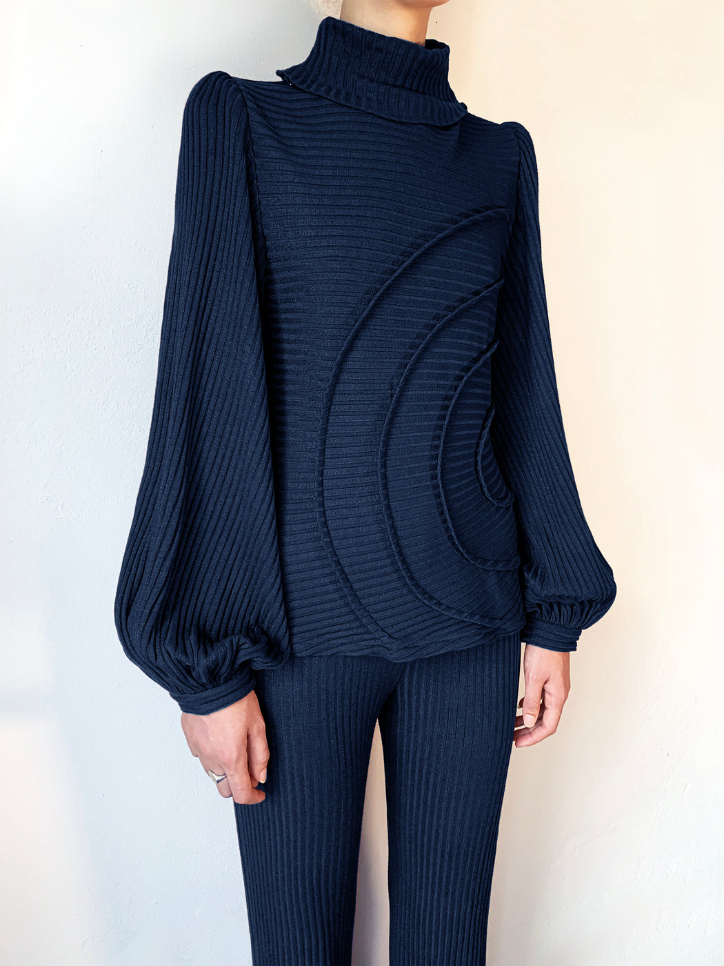 georgia hardinge navy turtleneck jumper puff sleeve serra tucks circle