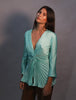 Georgia Hardinge pleated top long sleeves illusion mint green satin plunge neck