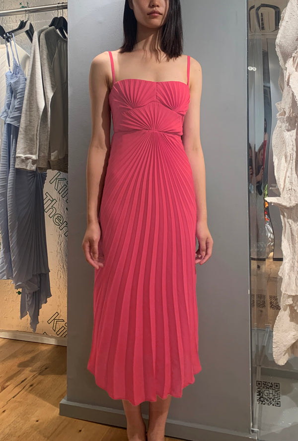 Georgia Hardinge Pink Empire Dress bow back pleated midi strappy wedding guest tie bustier