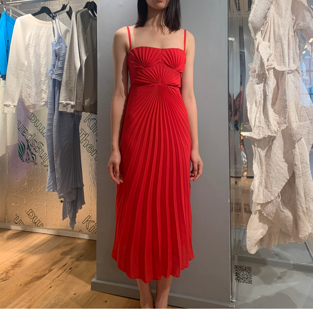 Georgia Hardinge Red Empire Dress bow back pleated midi strappy wedding guest tie bustier