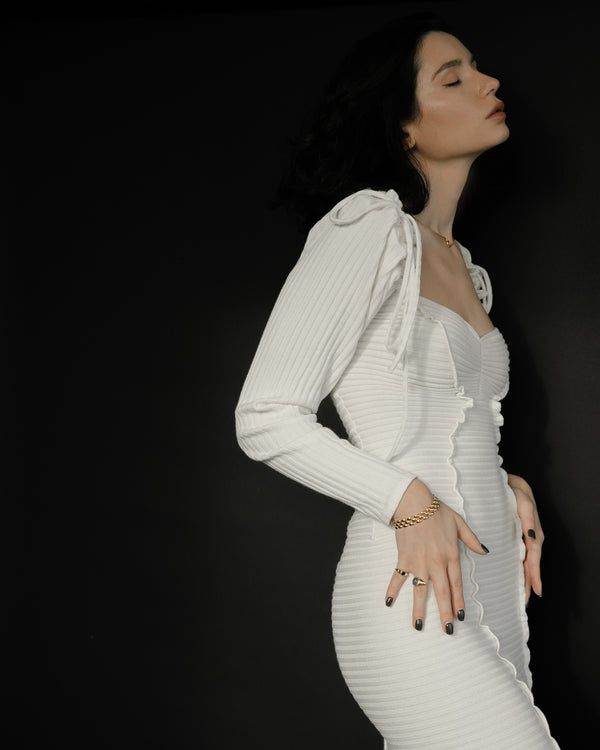 Georgia Hardinge Blaze Dress Ivory jersey rib bodycon fitted midi long sleeve white