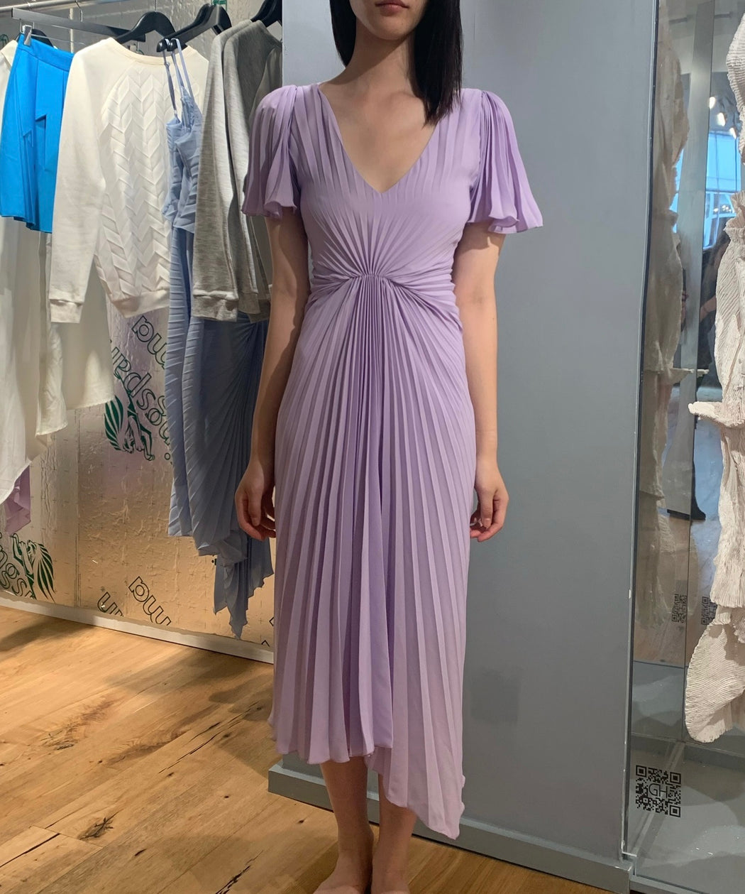 Georgia Hardinge Lilac Luna Dress midi length flutter sleeve pleated gathered v-neck wedding guest tie up bow asymmetric purple